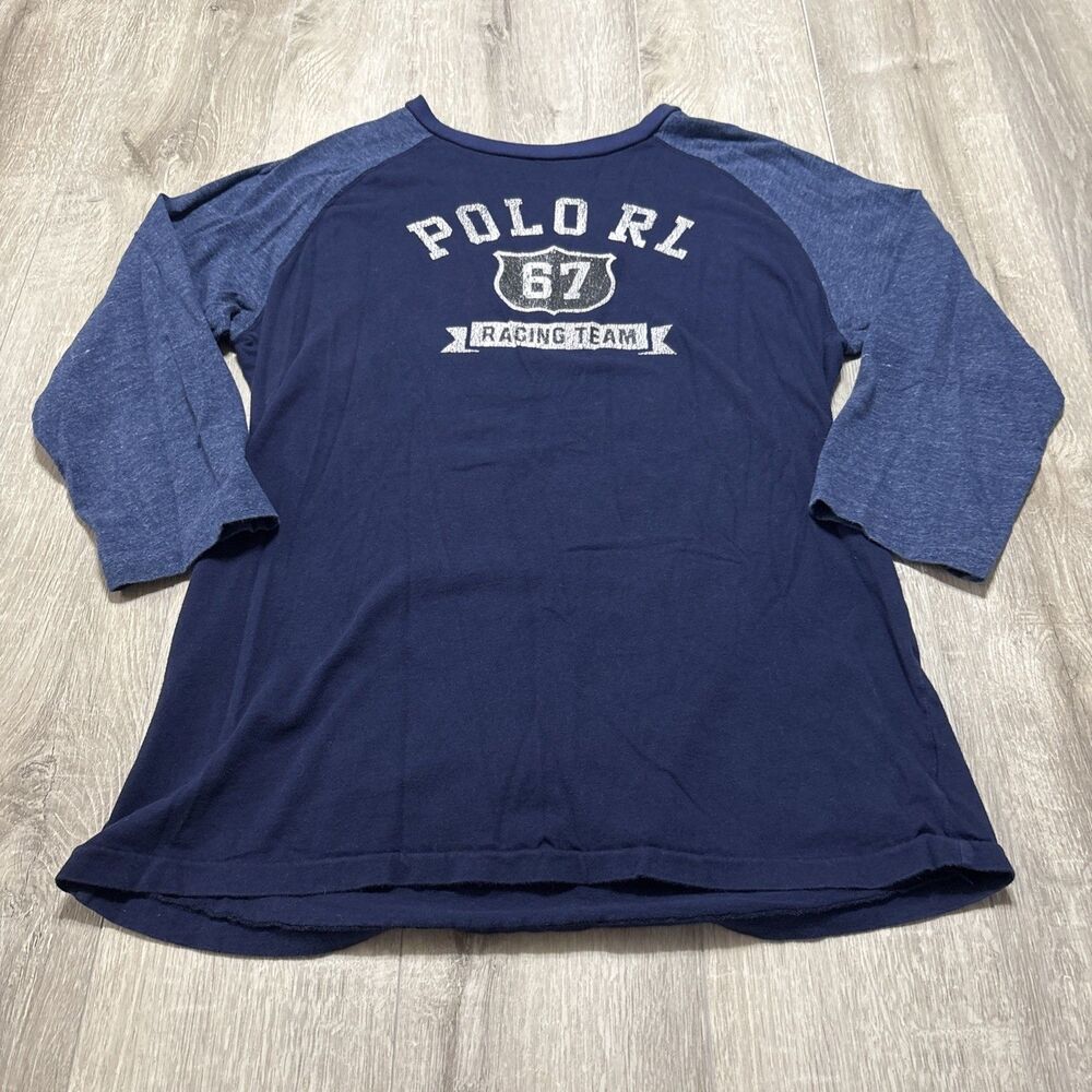 Polo RL 67 Racing Team Raglan Shirt Youth XL Navy Blue 3/4 Sleeve Graphic Tee